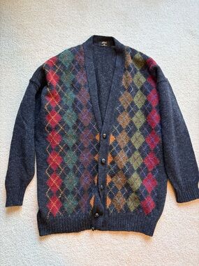 Vintage 90s Men's St. Michael Argyle Button-Front Cardigan Sweater 100% wool